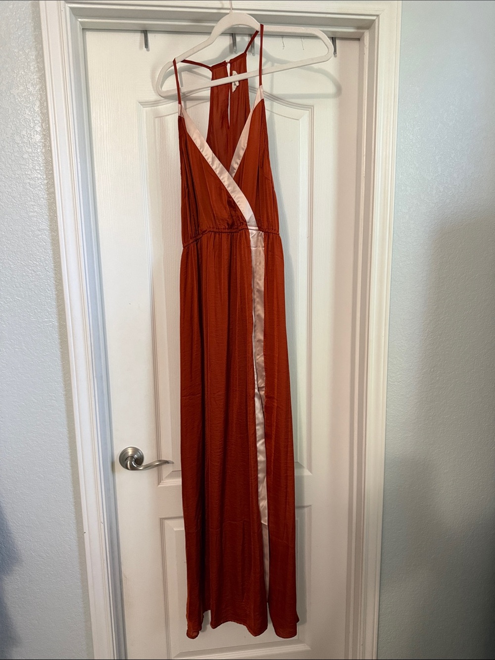 Main Strip Rust Maxi Dress with Cream Satin Trim